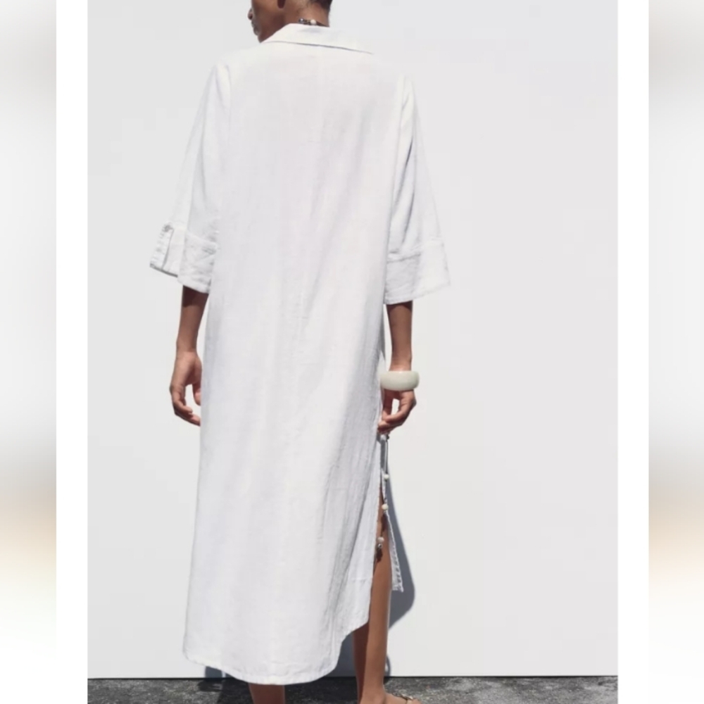 Zara Linen Midi White Button-Down Tunic Shirt Dresss Sz-M - Picture 3 of 10